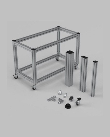 Modular aluminium profile trolley with spare uprights, brackets, end caps and a castor