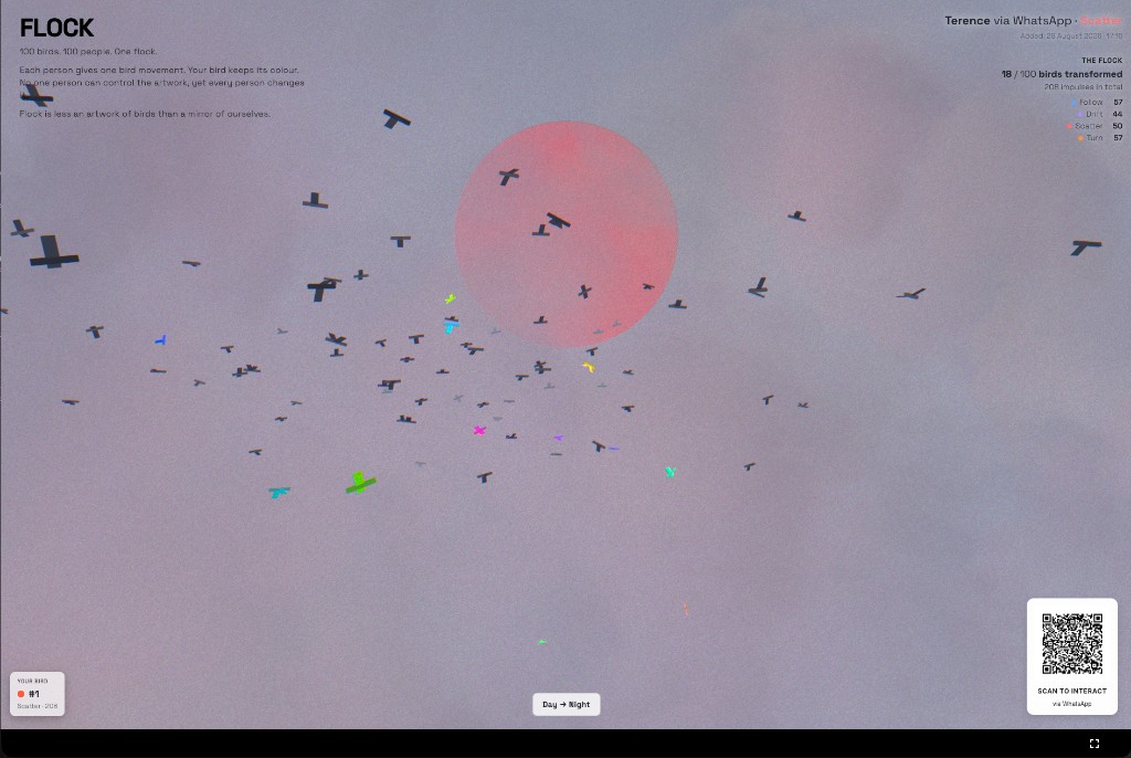 Flock: a shared flock of birds around a red sun, shaped by people joining from their phones.